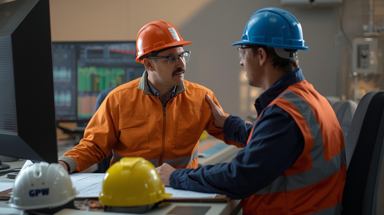 Two Engineers in a control room having a supportive conversation, wearing PPE and hard hats