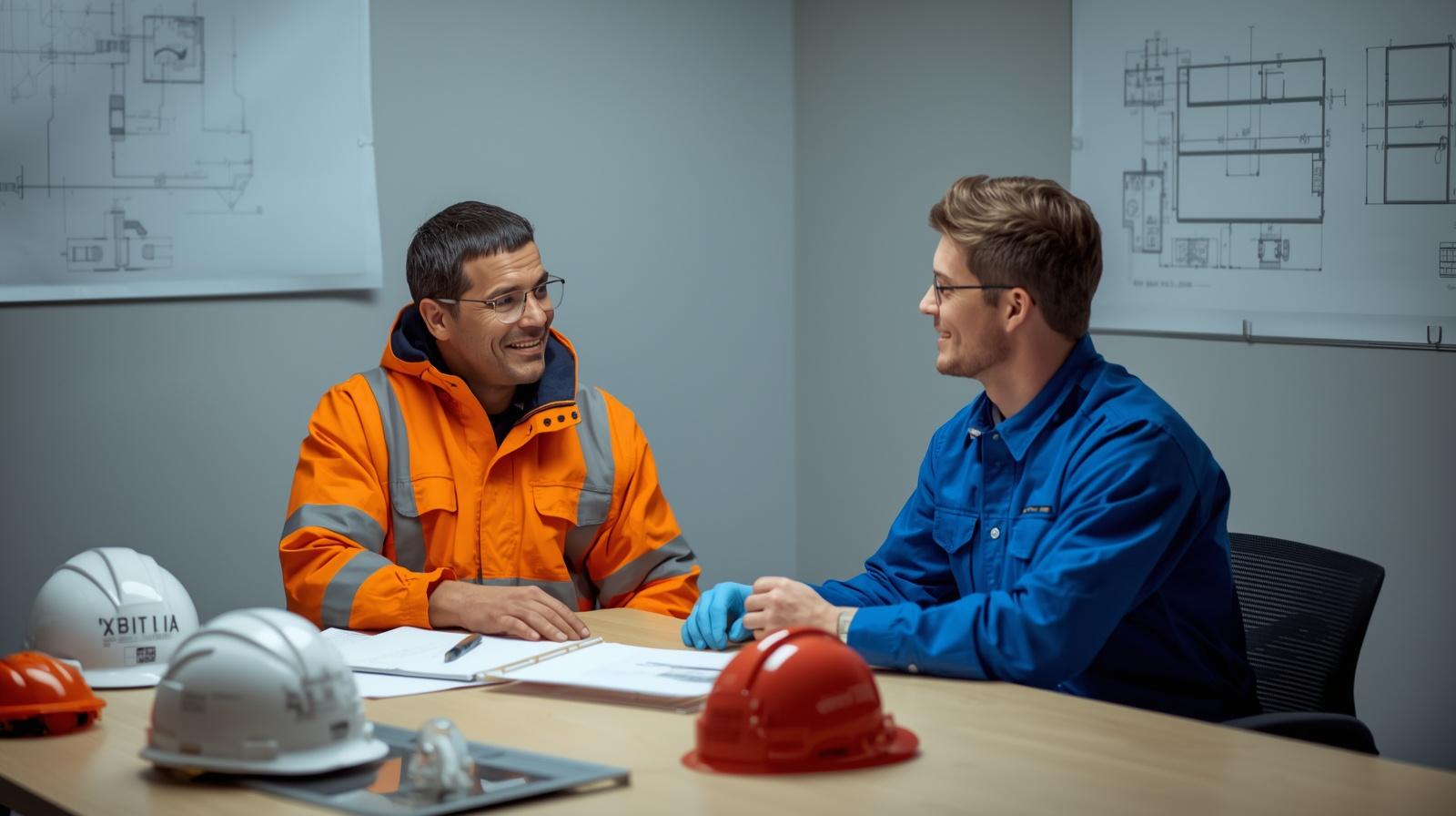 Two Engineers in hi-vis overalls having a supportive conversation in a meeting room